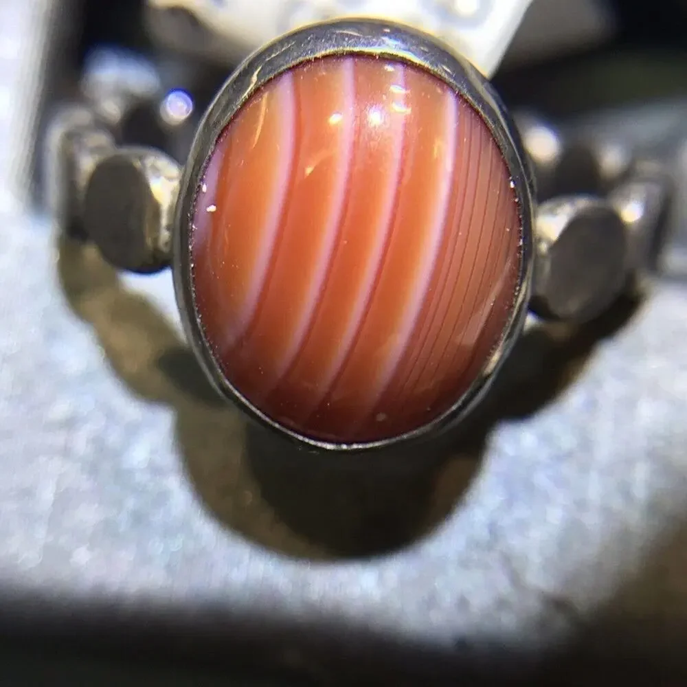 Orange Stripe Agate (Natural) Ring Round Sz7.25 Bezel Set Silver 925 Design Band